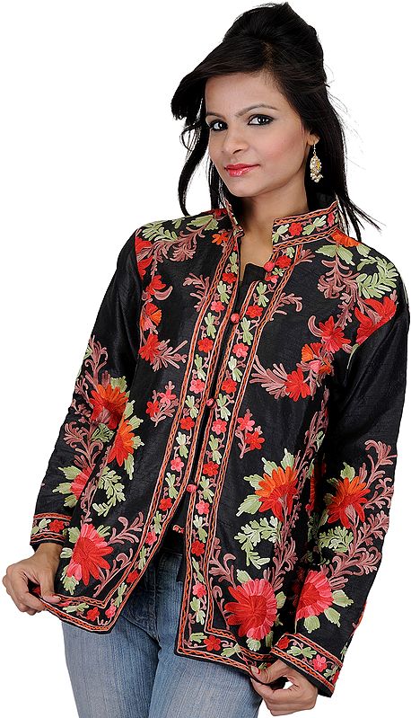 Caviar-Black Kashmiri Jacket with Aari Embroidered Flowers