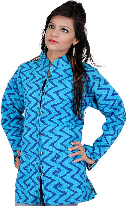 Cyan-Blue and Ivory Reversible Layered Jacket from Pilkhuwa with Straight Stitch