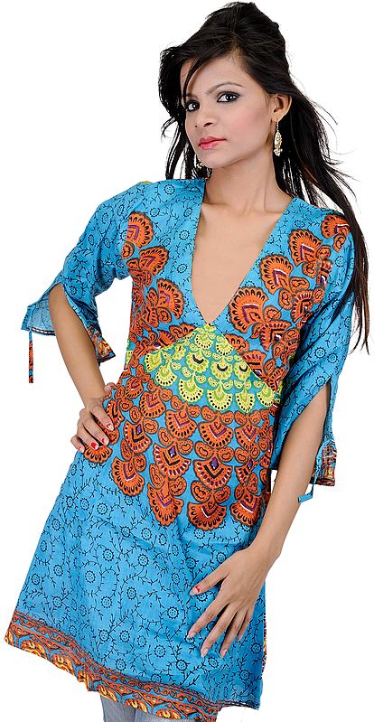Cendre-Blue Kurti from Gujarat with Printed Floral Motifs