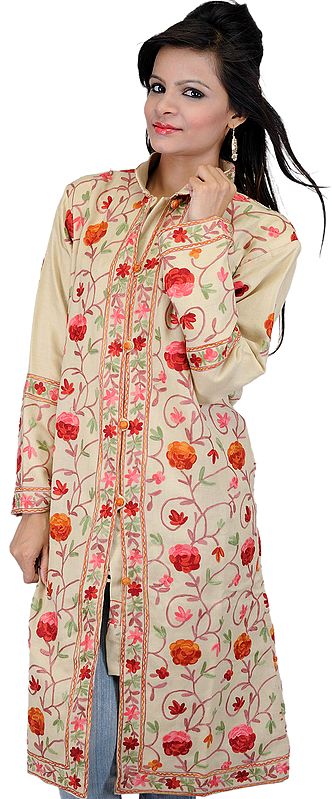 Beige Long Kashmiri Jacket with Aari Embroidered Flowers