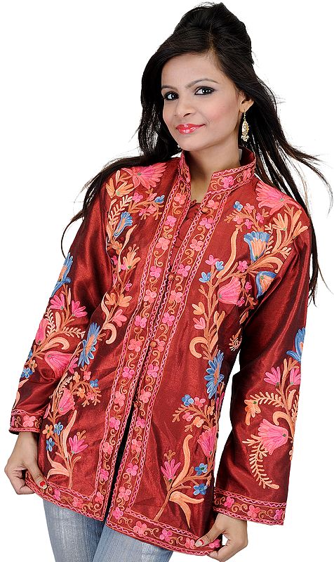 Earth-Red Kashmiri Jacket with Aari Embroidered Flowers All-Over