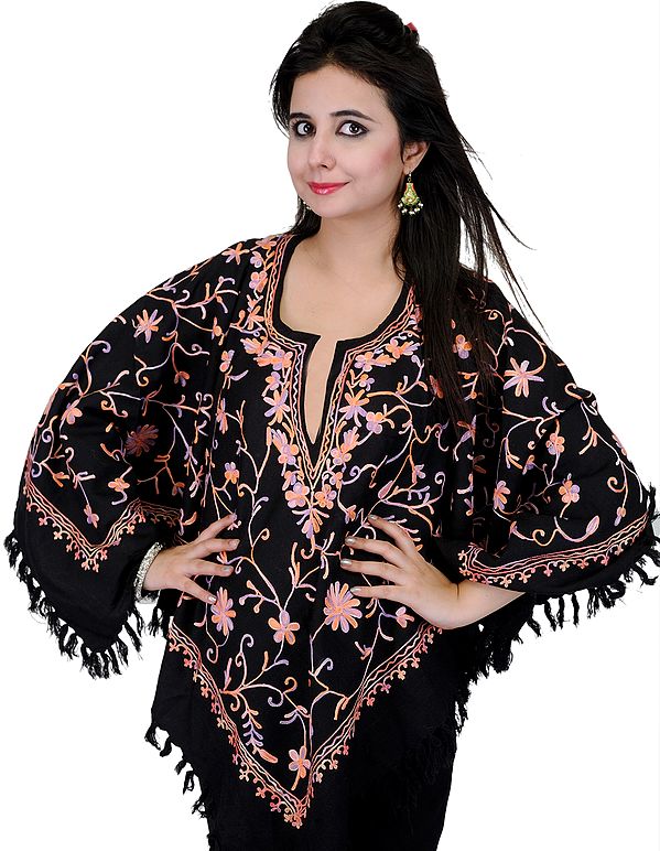 Black Poncho with Aari Embroidery Flowers All-Over