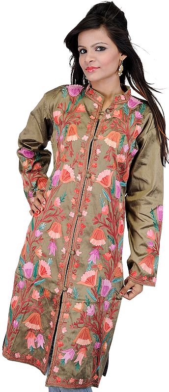 Khaki Long Kashmiri Jacket with Aari Embroidered Flowers