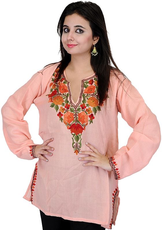 Kashmiri Kurti with Hand Embroidered Flowers on Neck