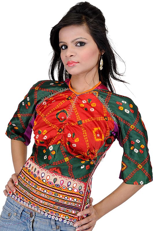 Tomato-Red and Green Bandhani Backless Choli with Embroidered Mirrors