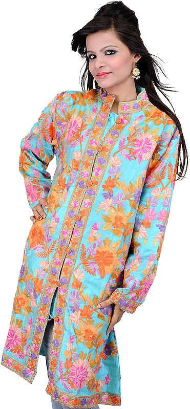 Aqua-Sky Long Kashmiri Jacket with Hand Embroidered Flowers All-Over