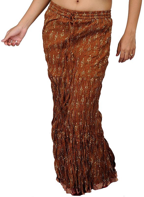 Auburn-Brown Crushed Skirt with Printed Floral Leaves and Gota Border