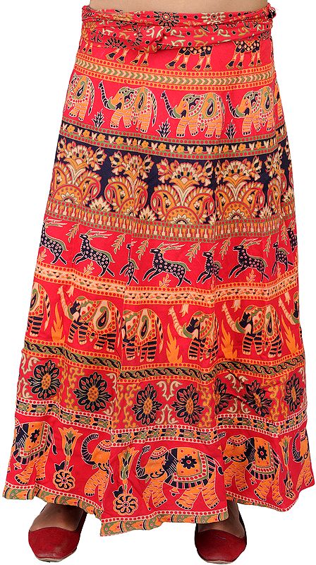 Aurora-Red Wrap-Around Long Skirt with Printed Elephants and Deers