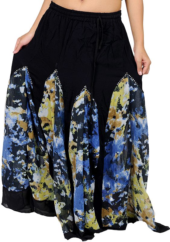 Black Printed Long Skirt with Embroidered Sequins