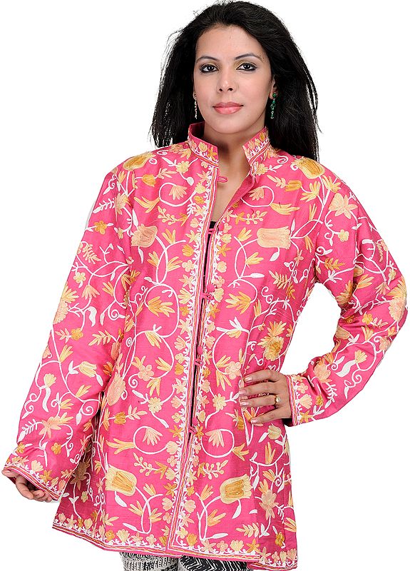 Virtual-Pink Kashmiri Jacket with Aari Embroidered Flowers All-Over