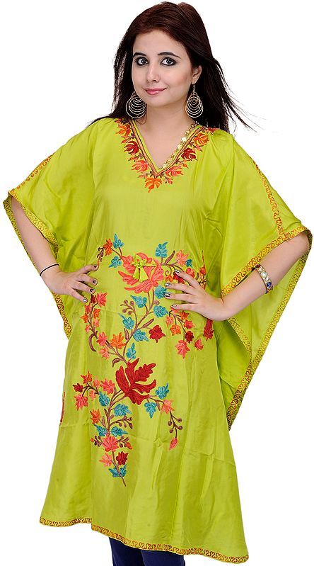 Lime-Green Short Kashmiri Kaftan with Aari Embroidery and Dori at Waist