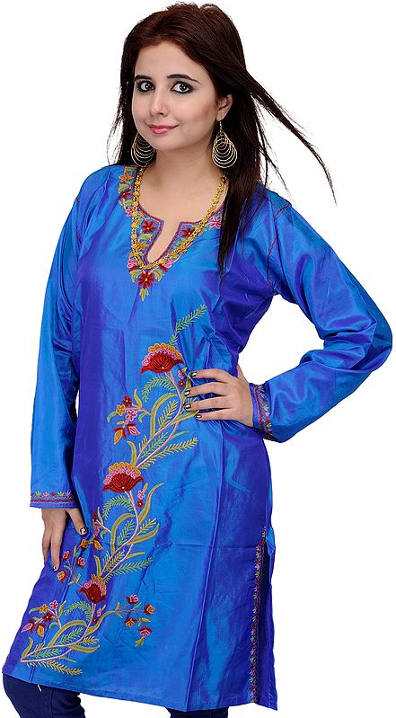 Strong-Blue Kashmiri Kurti with Aari Embroidery by Hand