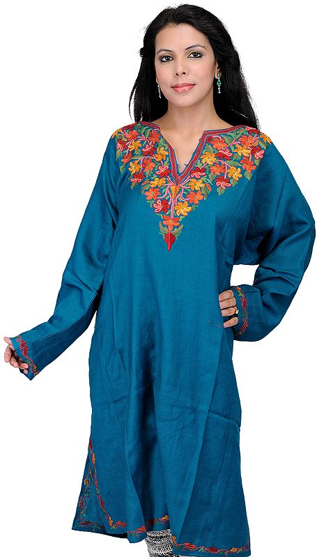 Hydro-Blue Kashmiri Phiran with Hand Embroidered Flowers on Neck