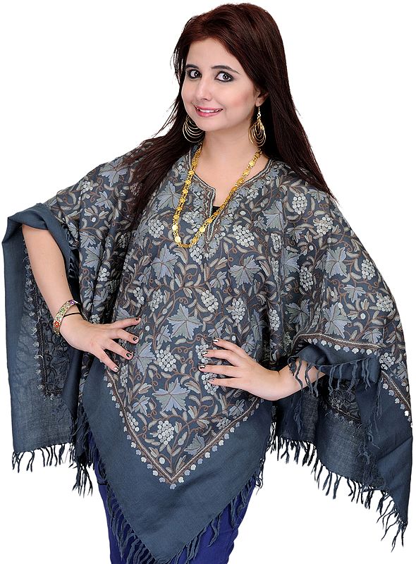 Flint Stone-Blue Poncho with Aari Embroidered Flowers by Hand All-Over