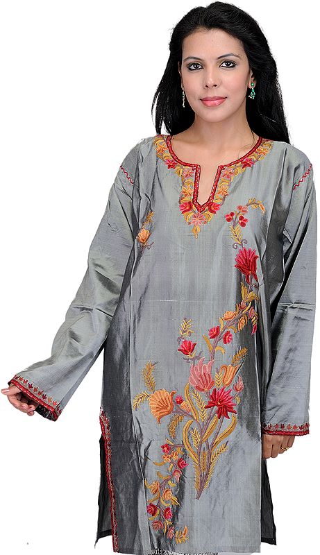Carbon-Gray Kashmiri Long Kurti with Hand Embroidered Flowers