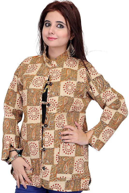 Beige and Black Printed Reversible Jacket from Pilkhuwa with Straight Stitch