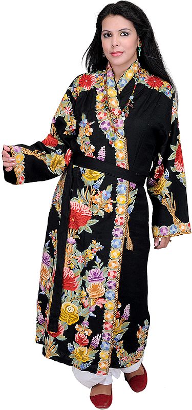 Black Evening Robe from Kashmir with Hand-Embroidered Flowers