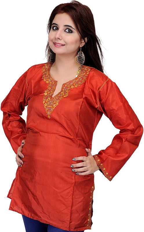 Mecca-Orange Kurti from Kashmir with Aari Embroidery by Hand on Neck