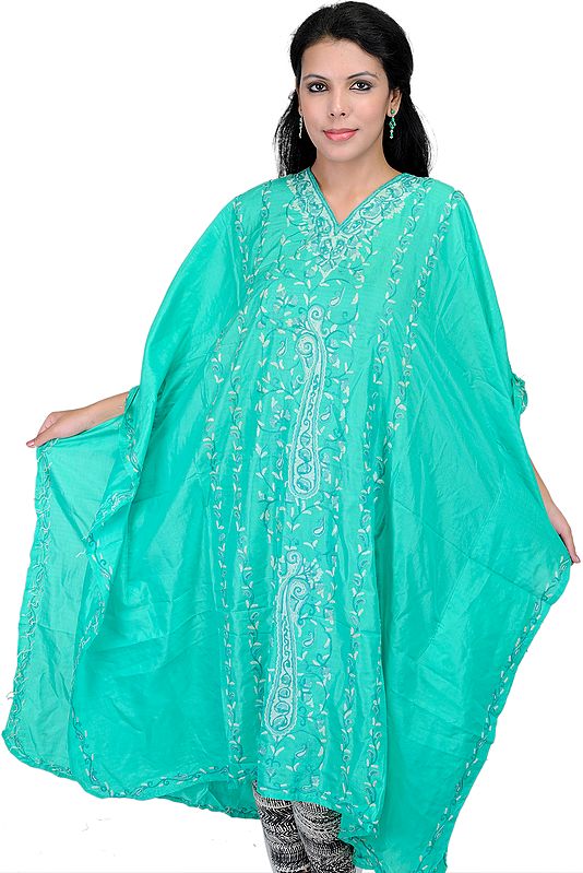 Biscay-Green Kaftan from Kashmir with Emboidered Giant Paisleys by Hand
