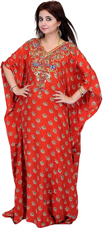 Red Clay Long Floral-Printed Kashmiri Kaftan with Embroidered Beads