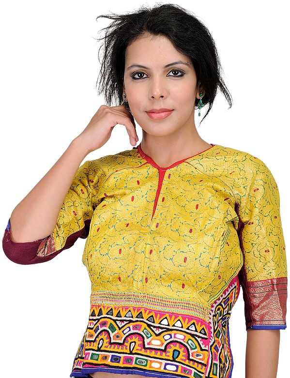 Daffodil-Yellow Backless Choli from Kutch with Antique Rabari Embroidery