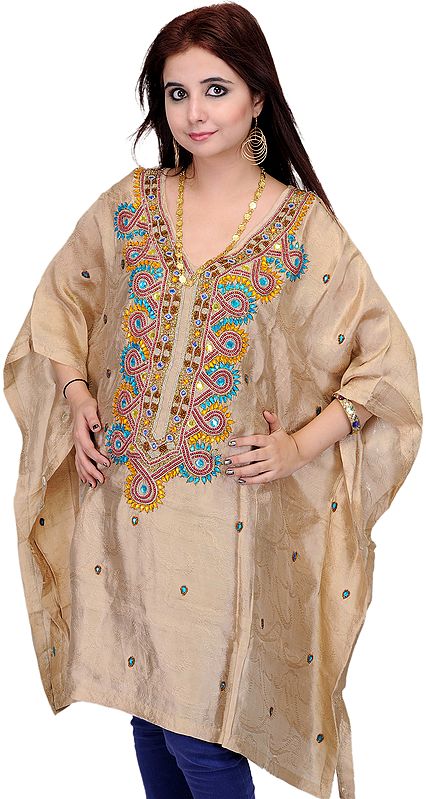 Beige Short Kaftan with Embroidered Beads and Crystals by Hand