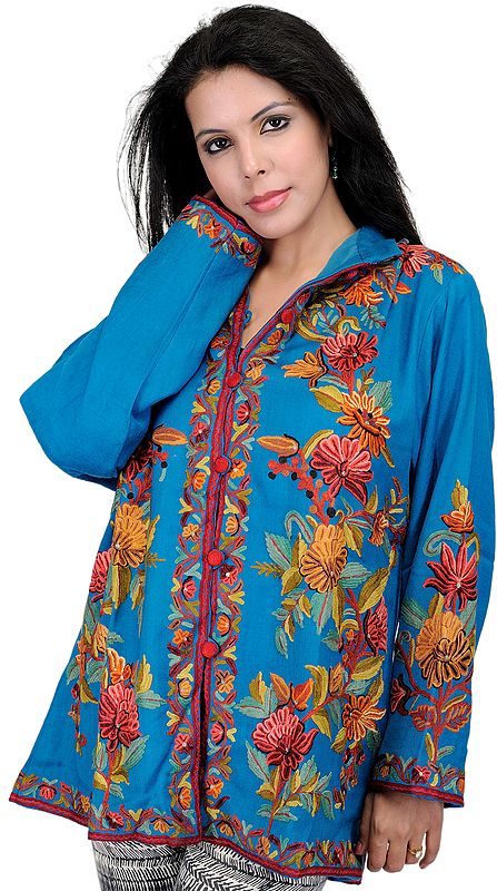 Cendre-Blue Kashmiri Jacket with Aari Embroidered Flowers by Hand