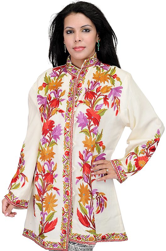 Ivory Kashmiri Jacket with Hand Embroidered Flowers