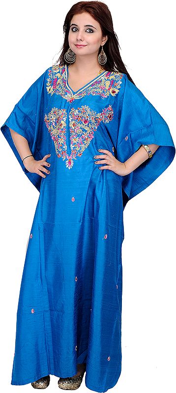 Victoria-Blue Kashmiri Kaftan with Zardozi Embroidery on Neck