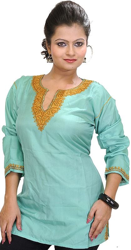 Kurti from Kashmir with Hand-Embroidered Paisleys on Neck