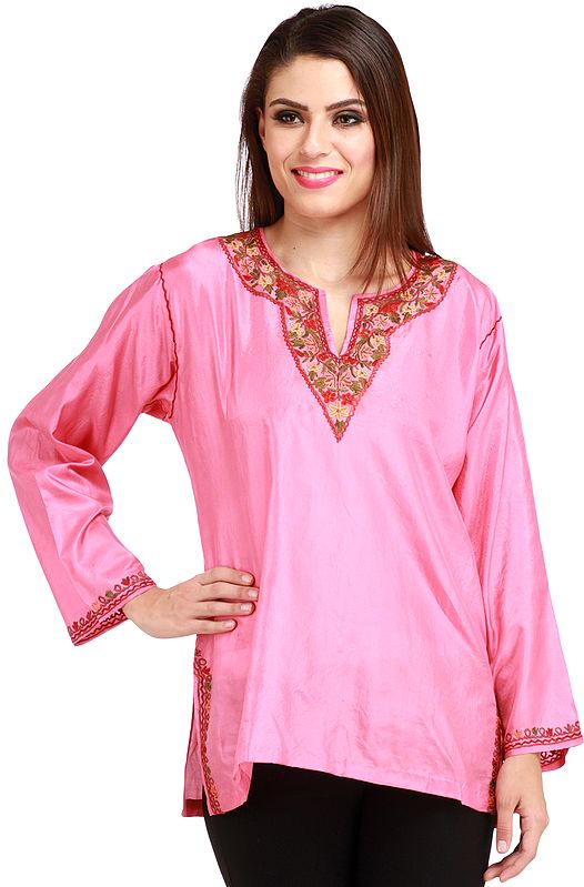 Kurti from Kashmir with Hand-Embroidered Paisleys on Neck