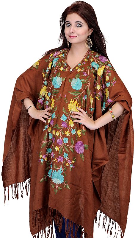 Acorn-Brown Kashmiri Cape with Hand Embroidered Flowers