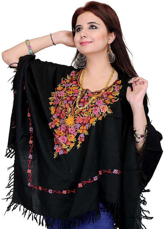 Black Kashmiri Poncho with Hand-Embroidered Flowers