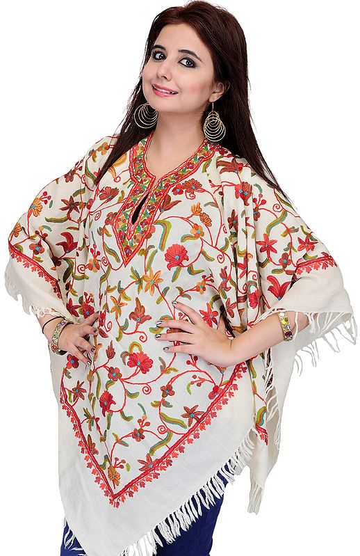 Ivory Poncho from Kashmir with Hand Embroidered Flowers