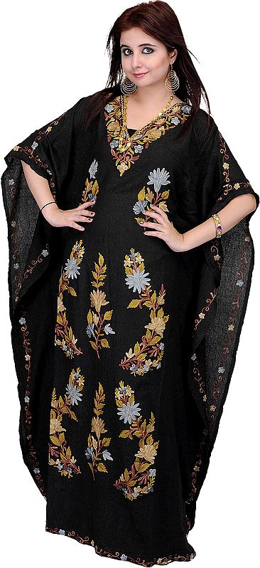 Black Long Kashmiri Kaftan with Embroidered Flowers