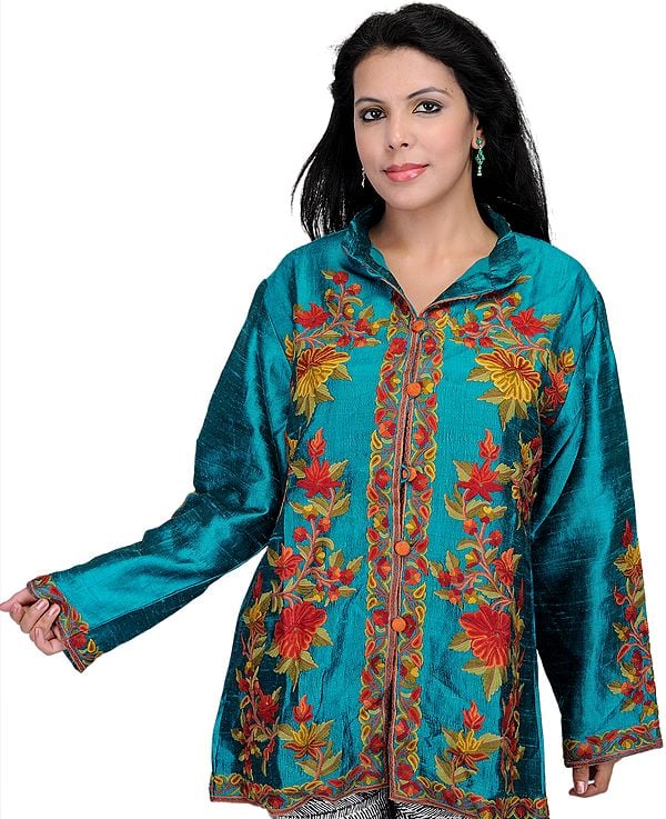 Parasailing-Green Kashmiri Jacket with Hand Embroidered Flowers