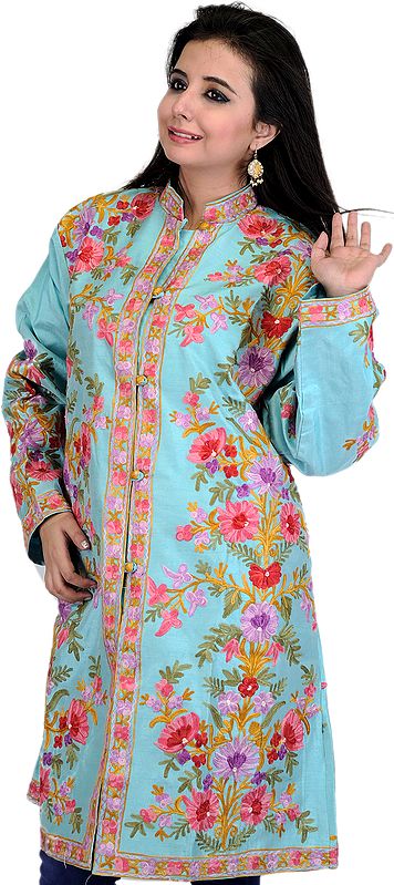 Pastel-Turquoise Long Kashmiri Jacket with Aari Embroidered Flowers