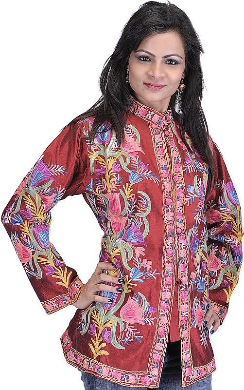 Maroon Jacket from Kashmir with Embroidered Flowers