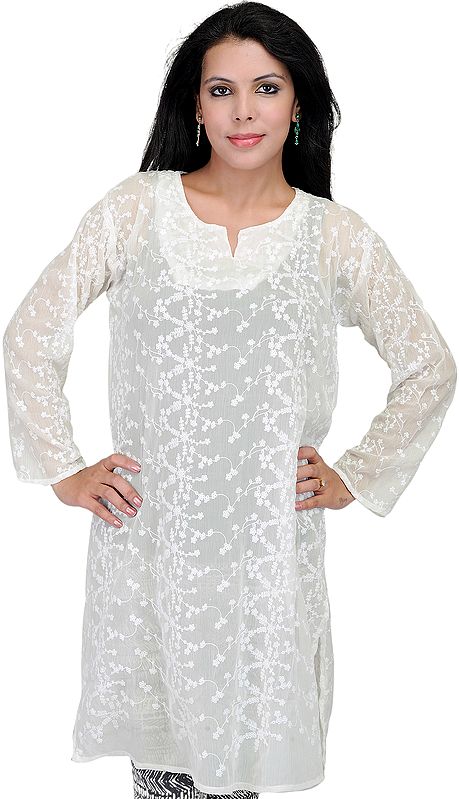 Snow-White Chikan Kurti with Embroidered Flowers in Self Colored Thread