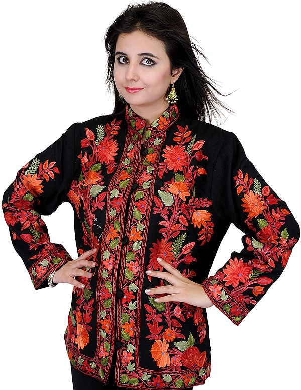 Black Short Kashmiri Jacket with Floral Embroidery