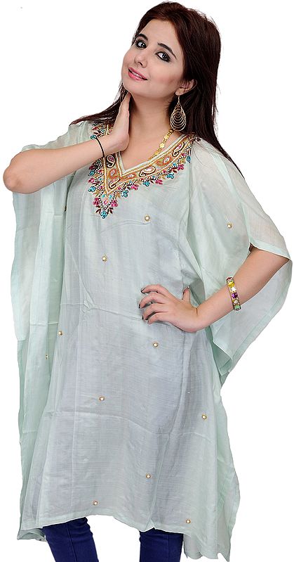 Clearly-Aqua Kashmiri Short Kaftan with Beads Embroidered on Neck