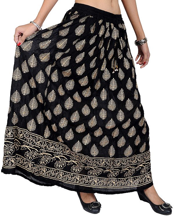 Black Long Skirt With Golden Painted Bootis