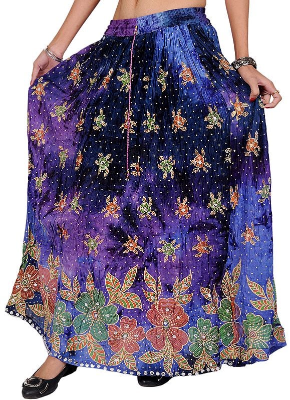 Liberty-Blue and Purple Skirt with Printed Flowers and Embroidered Sequins