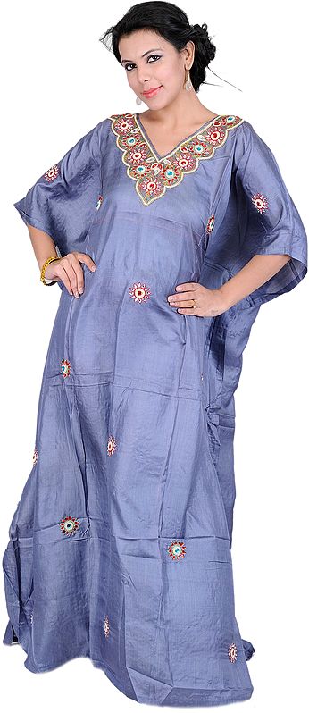 Country-Blue Long Kashmiri Kaftan with Beads and Faux Pearls Embroidered by Hand