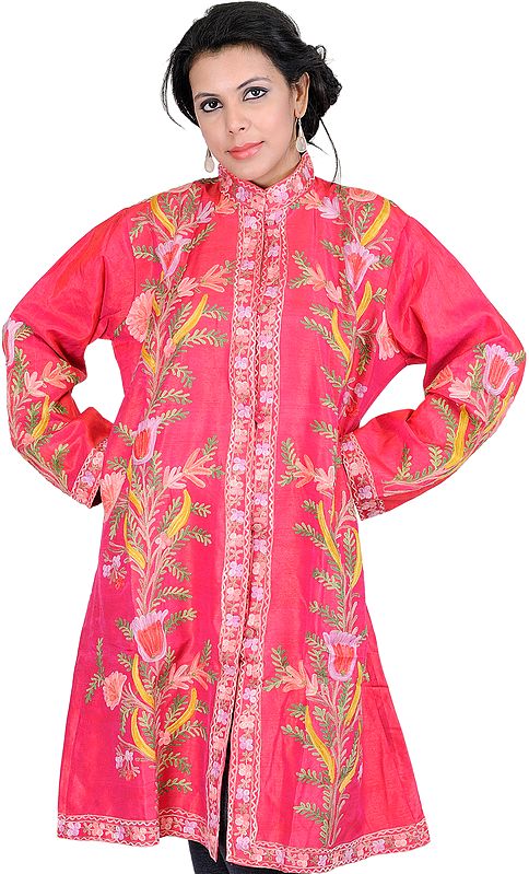 Hot-Pink Long Kashmiri Jacket with Aari Embroidered Flowers