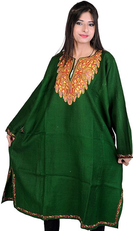 Islamic-Green Kashmiri Phiran with Hand Embroidered Paisleys on Neck