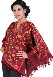 Poncho from Kashmir with Aari Embroidered Flowers by Hand
