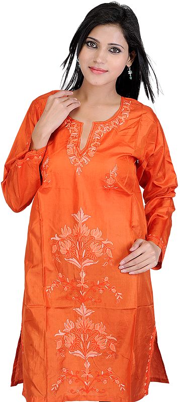 Rust Kashmiri Kurti with Hand Embroidered Flowers in Self-Colored Thread
