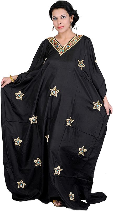 Black Kashmiri Kaftan with Hand-Embroidered Faux Pearls and Beads All-Over