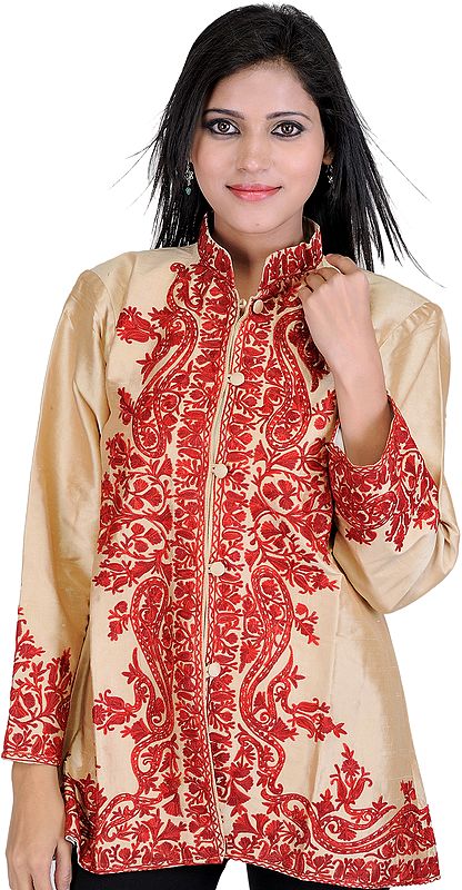 Beige Short Kashmiri Jacket with Densely Embroidered Paisleys